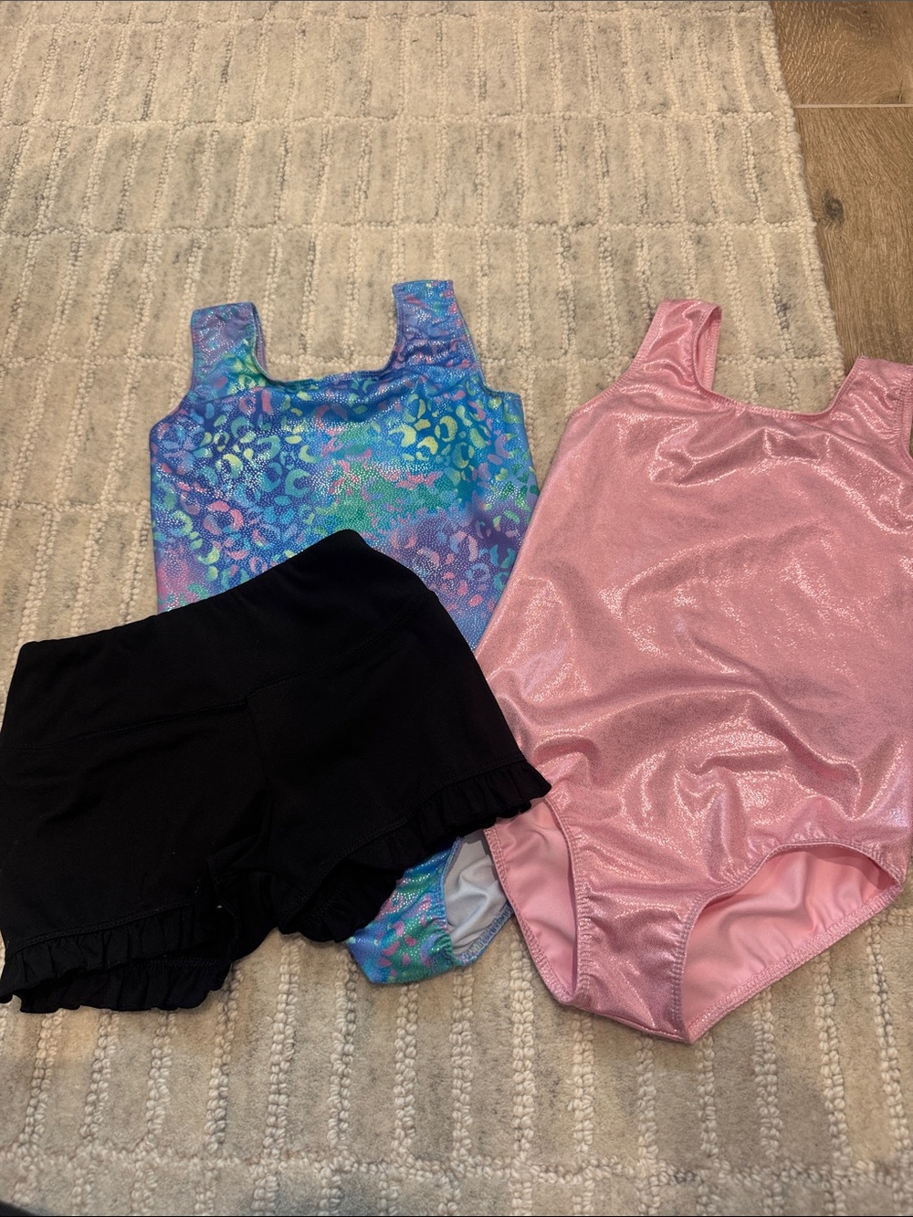 Amazon Kids Pink Shimmer Leotard, Blue Multi Pattern Leotard, Black Dance Shorts
